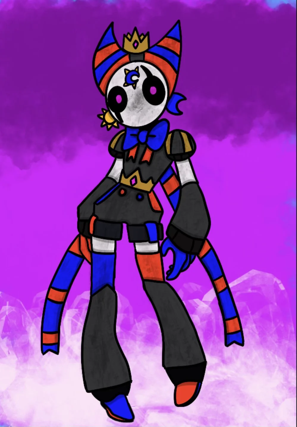 Colorful clown-like robot drawing with purple background